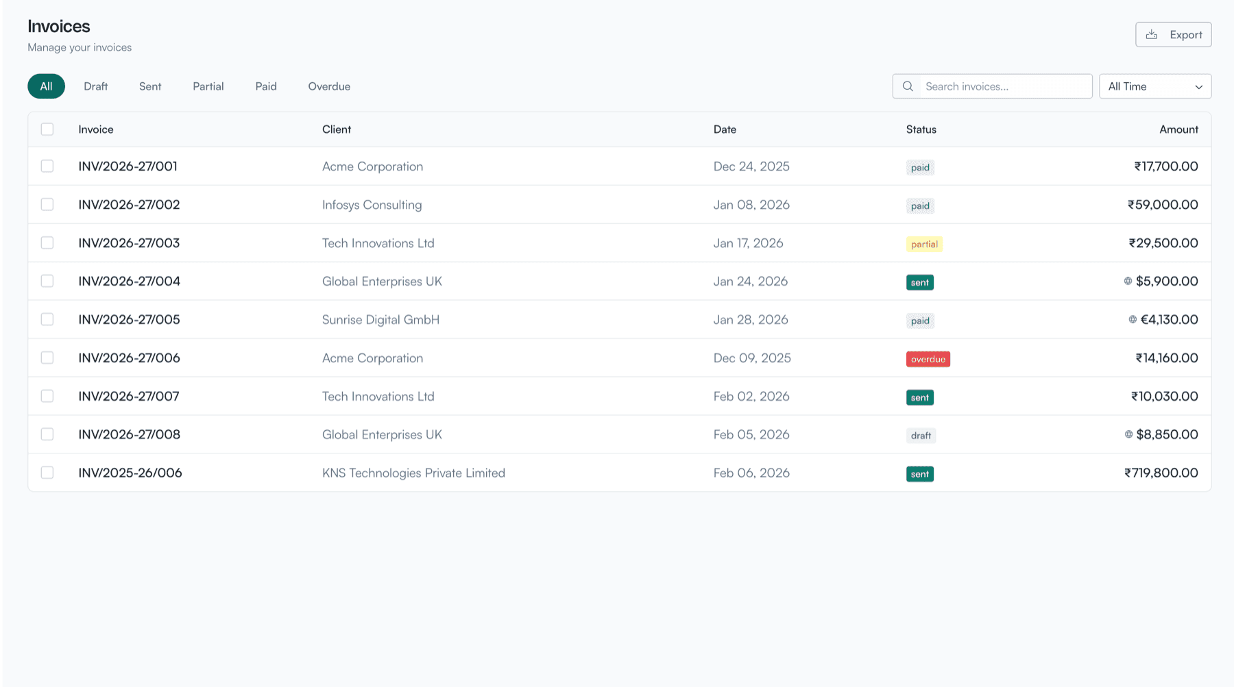 Invoice list view with status filters showing paid, pending, and overdue invoices