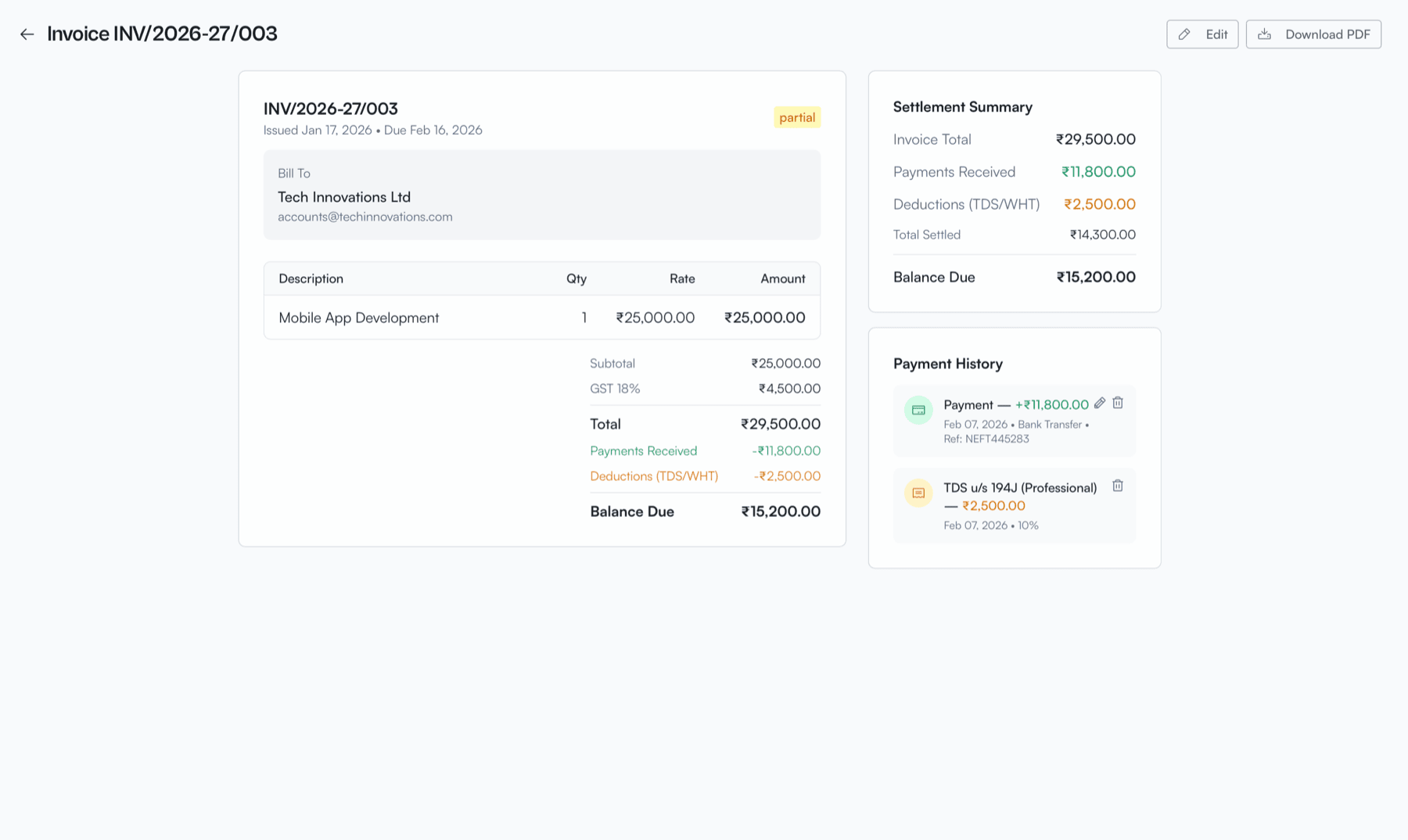 Invoice detail view showing settlement summary, payment history, and balance due