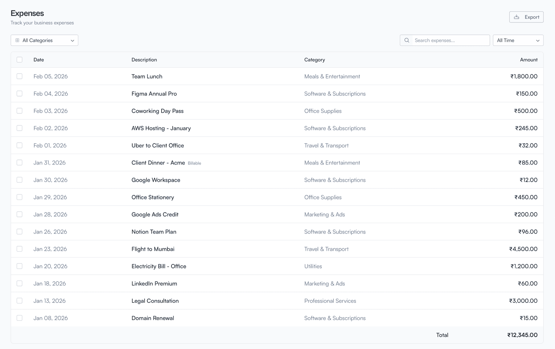 Expense tracking table with categories, amounts, and billable status indicators