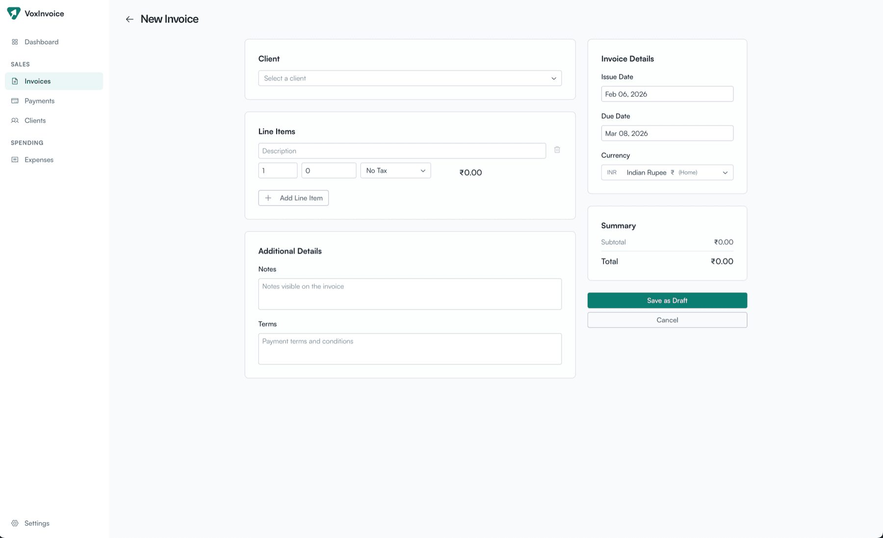 New invoice creation form with client selection, line items, and tax calculation