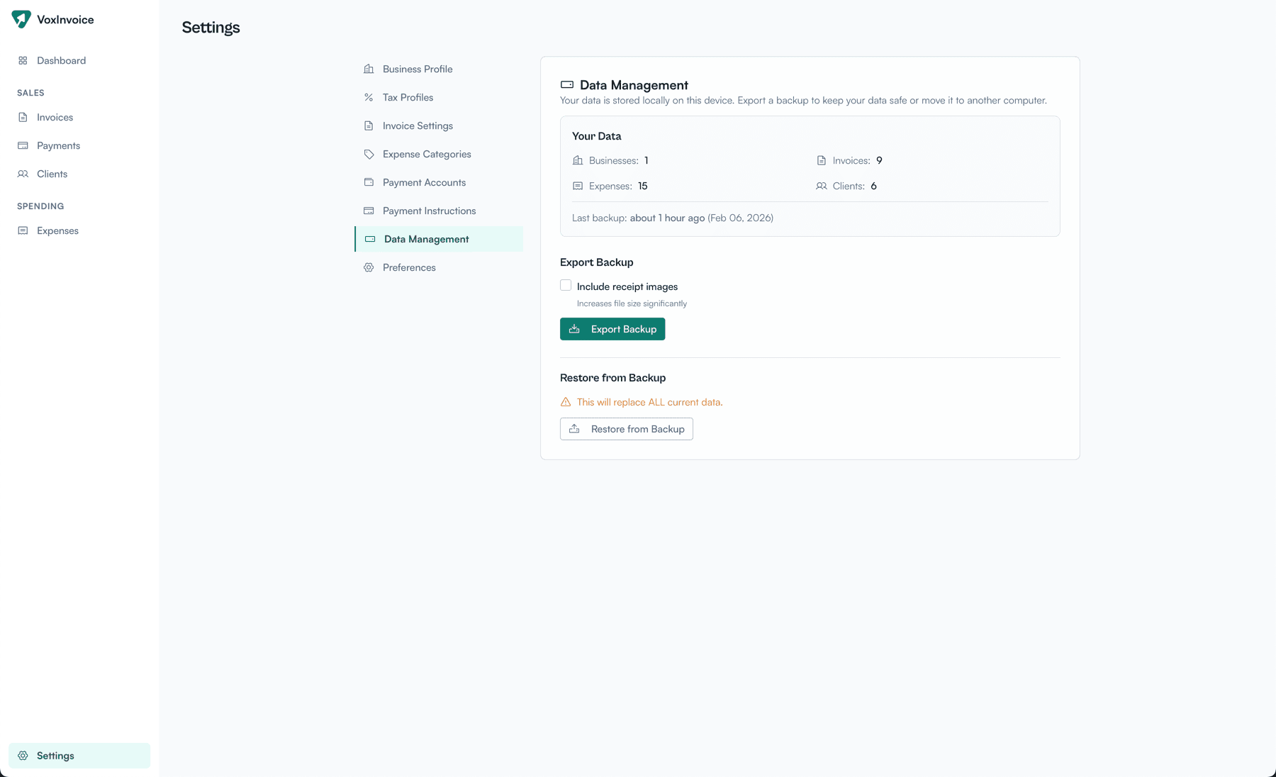 Data management settings with backup export and restore options