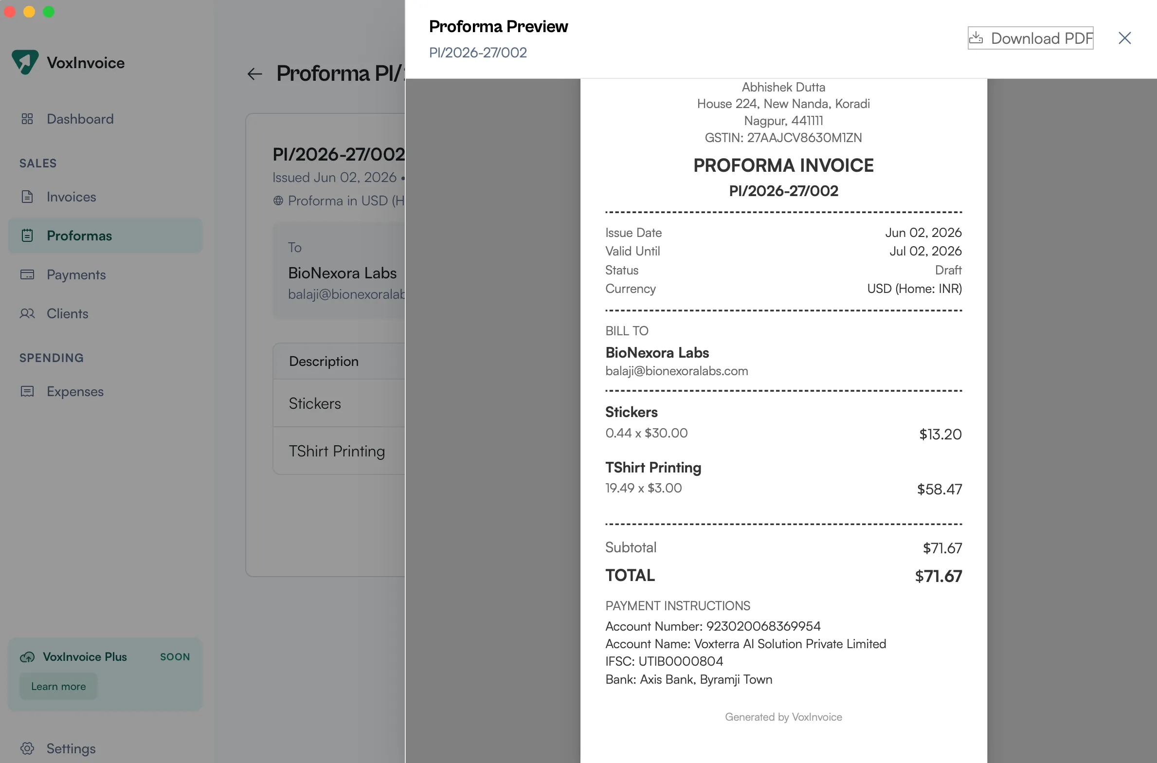 Compact 80mm thermal receipt preview of a proforma invoice with itemized line items and totals